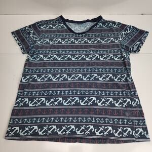 Carbon Y2K Blue & Red V-Neck Nautical Theme Short Sleeve T-Shirt Women's Size M